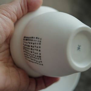 White ceramic gaiwan with a textured surface held in a hand.