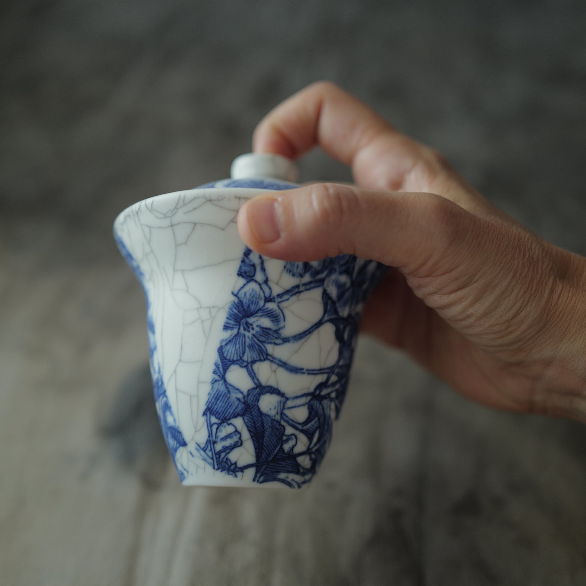 Hand holding a blue and white ceramic gaiwan with floral patterns against a blurred background.